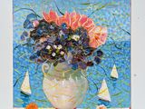 a painting of flowers in a vase on a table