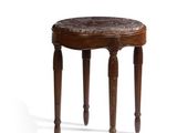 a small wooden table with a marble top on a white background