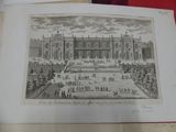 an old drawing of a large building with a crowd of people in front of it