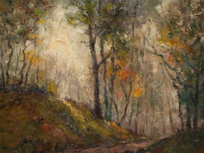 une peinture à l'huile représentant un chemin de terre dans une zone boisée
