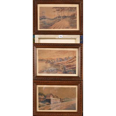 trois tableaux encadrés représentant une scène de vie à la ferme avec une grange au loin