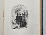 an open book with a picture of a man and a woman standing in front of a tree