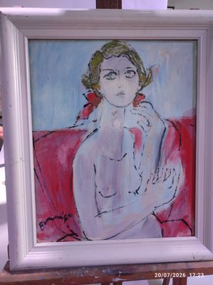 un tableau représentant une femme assise sur un canapé rouge