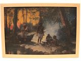 painting of a group of people cooking in a wooded area