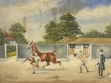 tableau représentant un cheval et un homme accompagné d'un chien dans une écurie