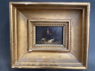 Coq et poules Huile sur panneau - Photo 1