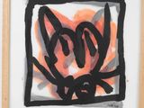painting of a cat in a square frame with a black border