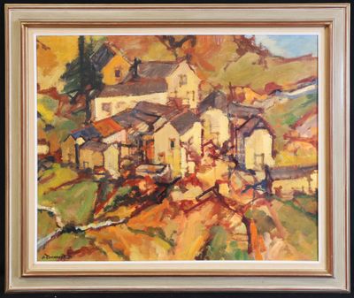 an oil painting of a house on a hill with a tree in the foreground