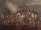 painting of a group of men riding on horses in a field