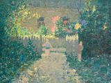 un tableau représentant une femme marchant sur un sentier dans un jardin