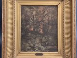 a painting of a landscape with trees and rocks in a gold frame