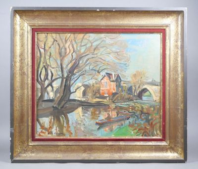 an oil painting of a river scene with a house and a boat