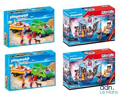 Trois véhicules Playmobil sont présentés dans trois boîtes différentes.