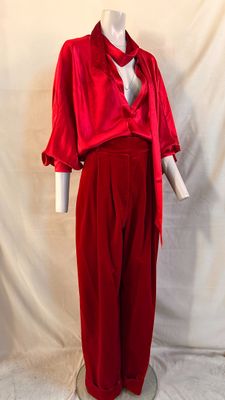 vintage red satin evening suit with matching jacket and tie