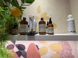 many bottles of skin care on a shelf in the bathroom