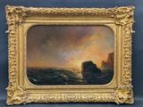 a painting of a sunset over the ocean with rocks in the foreground