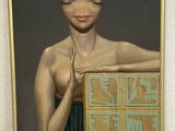 painting of a woman in a green dress holding a wooden box