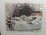 a drawing of a nude woman laying on a bed