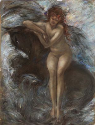 an image of a painting of a nude woman on a wave