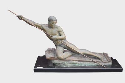 statue of a man with a spear on a boat on a white background