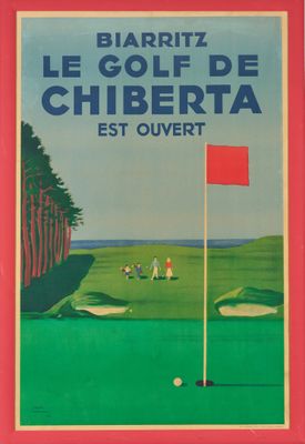 a poster of a golf course with a red flag and people on the green