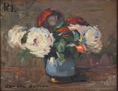 une peinture de fleurs dans un vase bleu sur une table