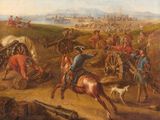 une image représentant un tableau où l'on voit des hommes à cheval et un chien dans un champ