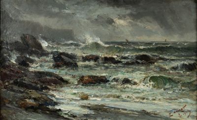 an image of a painting of waves crashing on rocks in the ocean