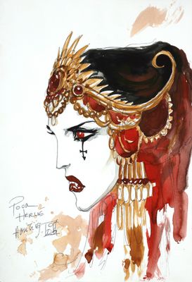 painting of a woman with a red headdress and gold jewelry