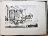 an old book with a drawing of a man on a horse pulling a cart