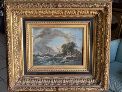 une peinture à l'huile représentant un bateau dans un plan d'eau