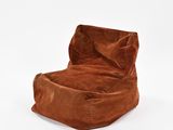 the bean bag chair is made of sued and has a brown color