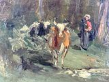 a painting of a man and a cow in the woods
