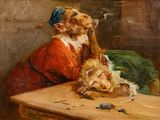 un tableau représentant un chien et un chat assis à une table