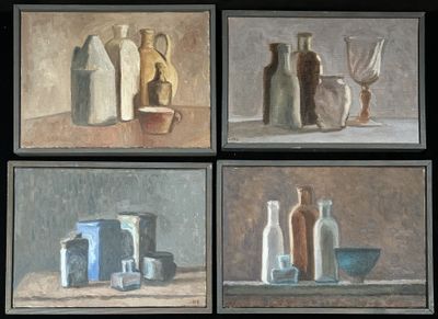 painting of four different bottles and vases on a table