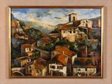 une image d'un tableau représentant un village sur une colline