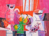 a painting of a still life with fruit and a pitcher