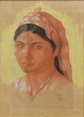 tableau représentant une femme portant un turban, sur fond jaune