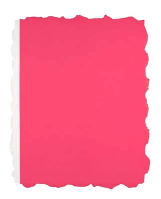 a piece of pink paper with torn edges on a white background