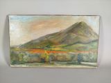 une peinture à l'huile d'un paysage avec une montagne en arrière-plan