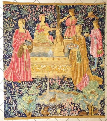 an image of a tapestry with a group of people in a garden
