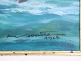 an oil painting of a man swimming in the ocean with a boat in the background
