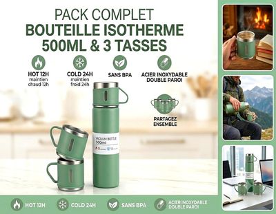 pack complete bouteille isotherme 500ml & 3 tasses
