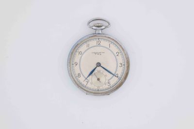 a silver pocket watch on a white surface with a blue second hand