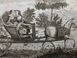 a drawing of a man riding in a carriage pulled by a horse