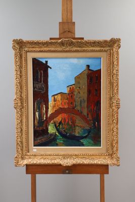 an oil painting of a bridge over a canal with buildings in the background
