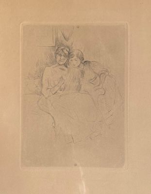 drawing of a woman sitting on a couch with a dog
