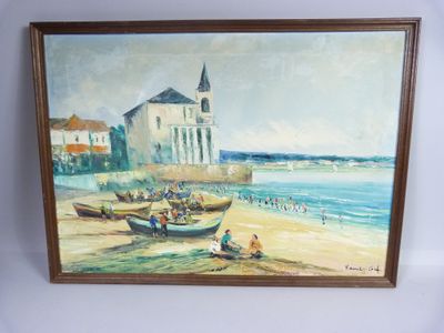 painting of a beach scene with boats and people on the shore