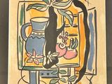 a painting of a cat sitting on a table next to a vase