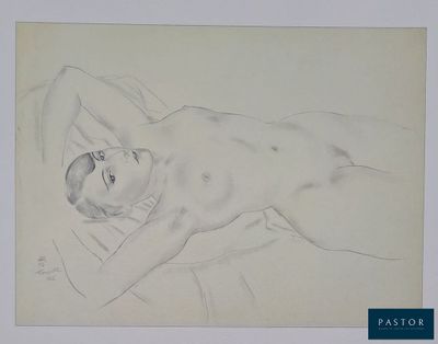 dessin représentant un homme nu allongé sur un lit, la tête posée sur un oreiller